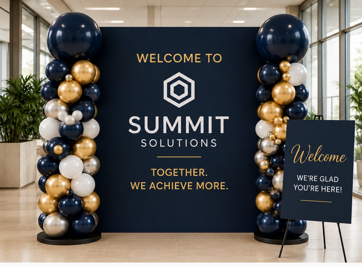 Branded corporate welcome backdrop flanked by navy, gold and white balloon columns