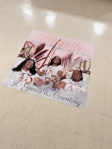 Custom blush and rose gold floor decal celebrating 30 years and counting