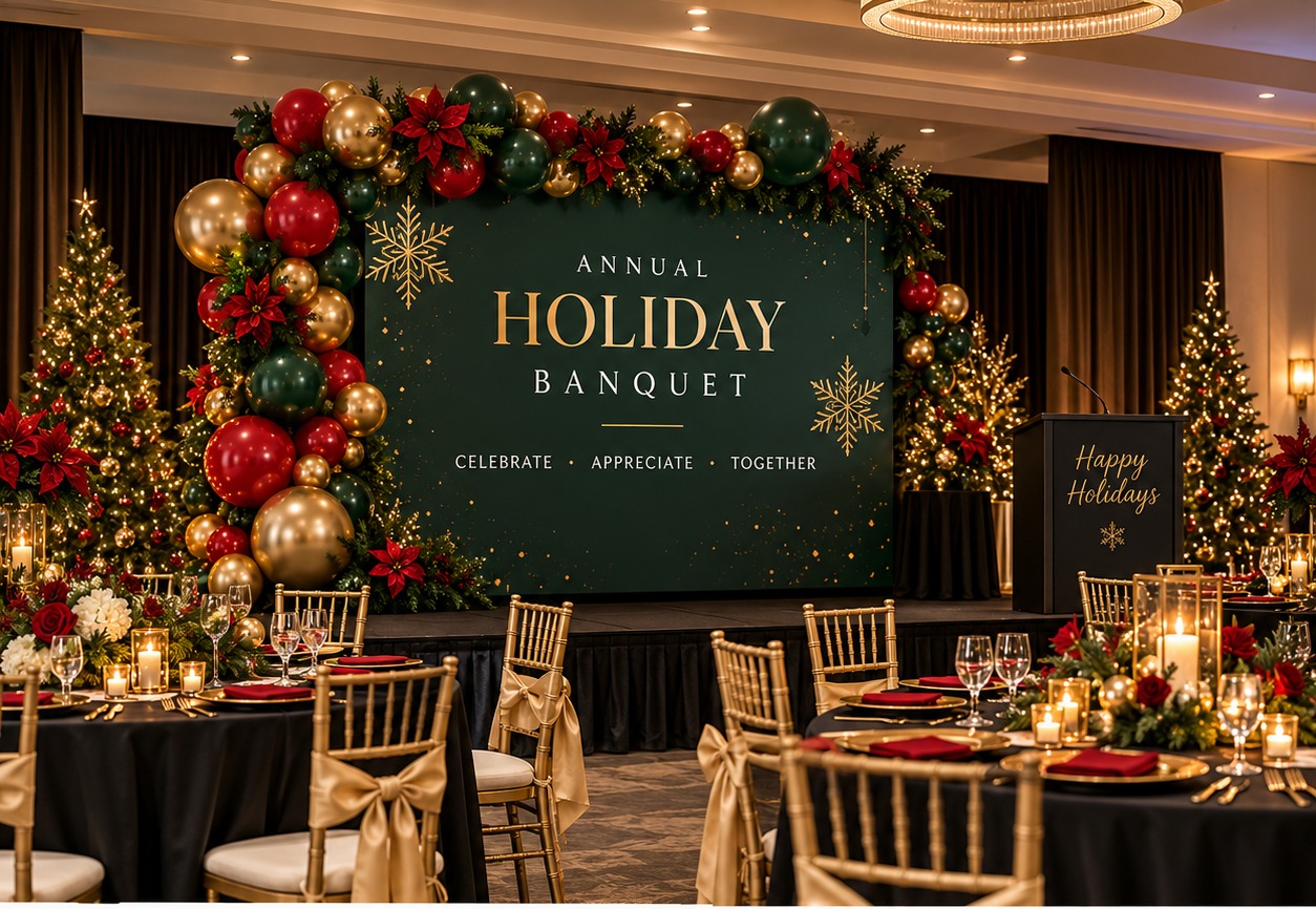 Holiday banquet ballroom with green, red and gold balloon garland, lit trees and gold place settings