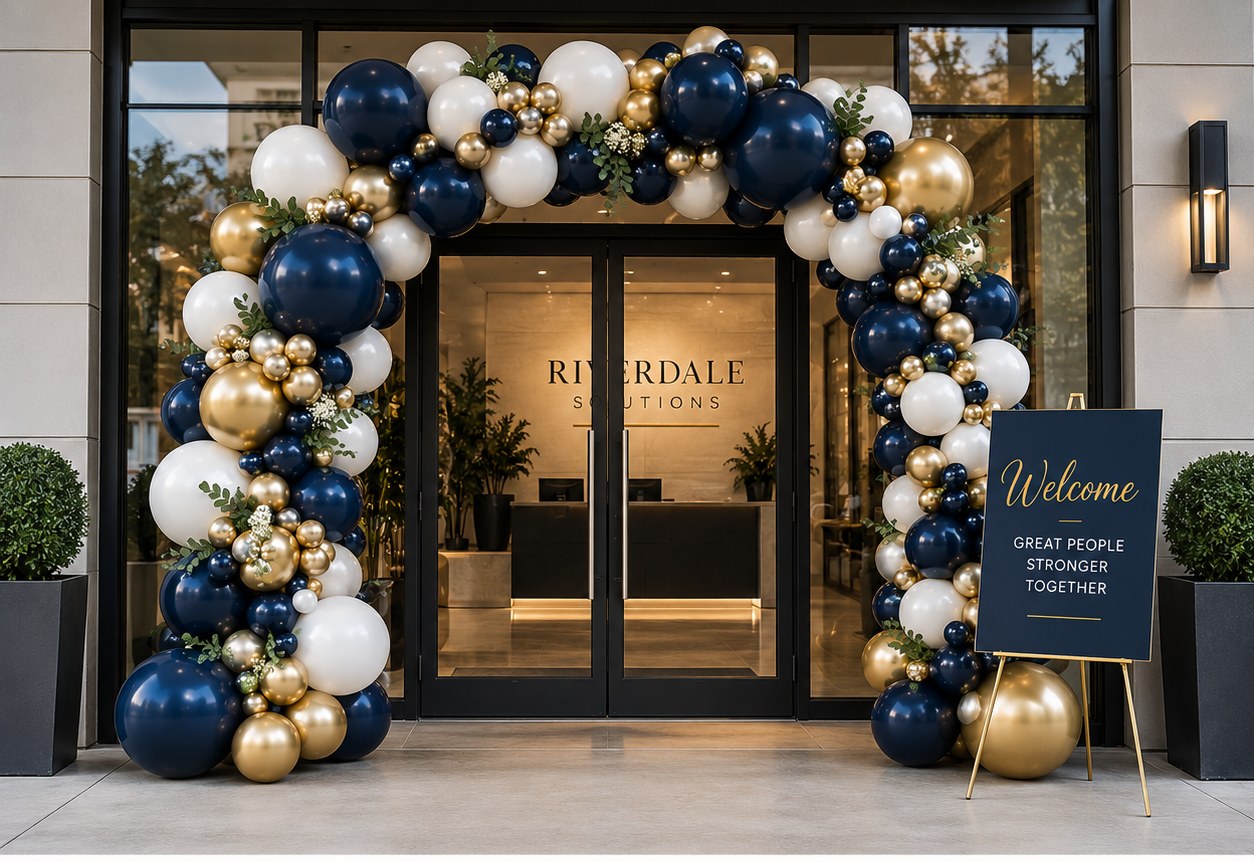 Grand entrance balloon arch in navy, white and gold over office glass doors