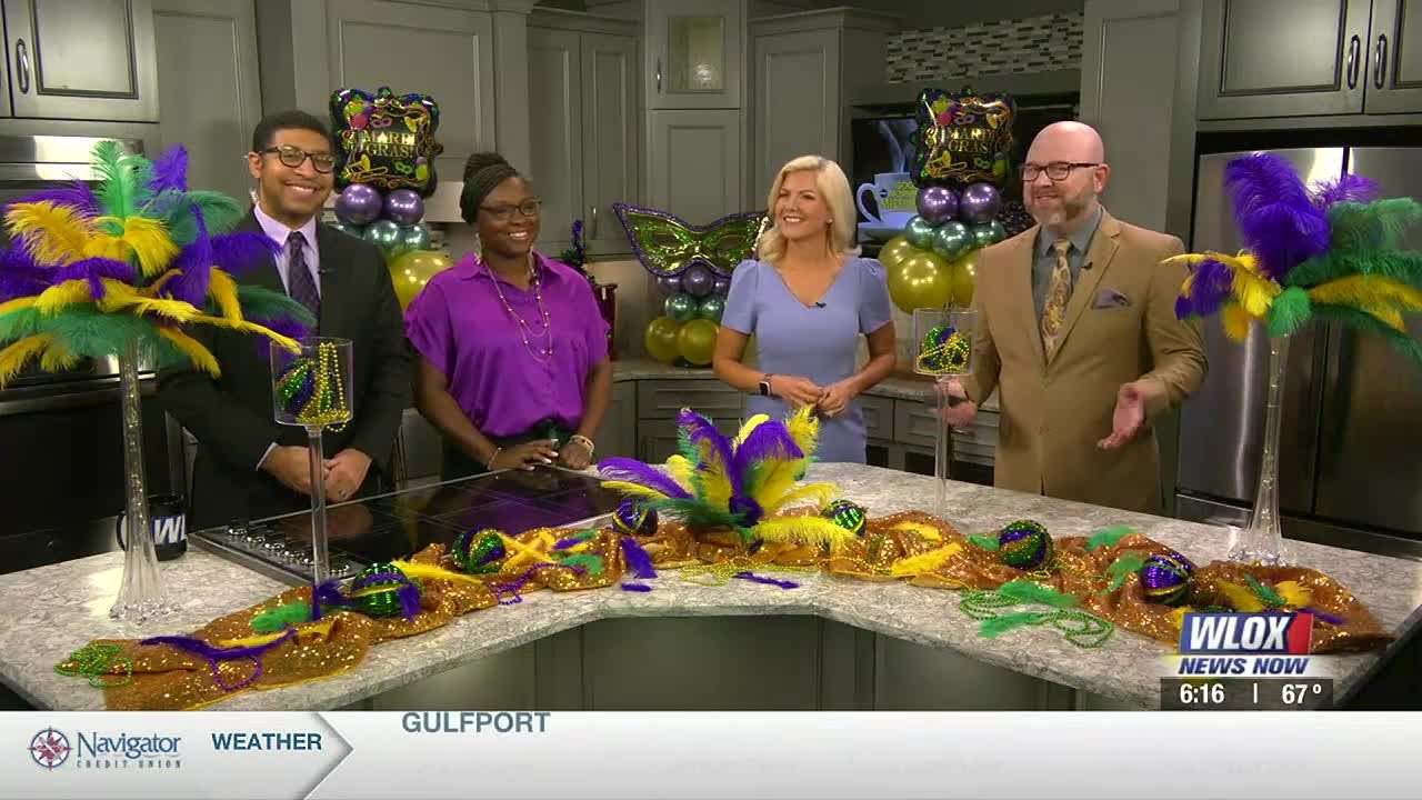 Raven of The Party Box & Co. presenting festive balloon styling on WLOX News Now